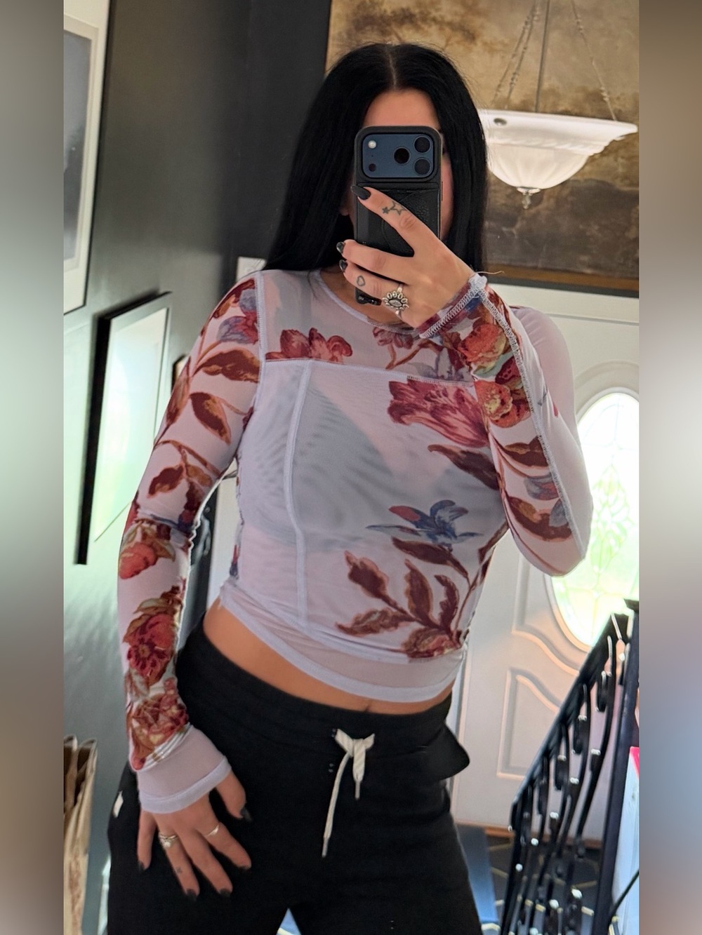 Free People White Floral Mesh Long-Sleeve Crop Top - Picture 2 of 7